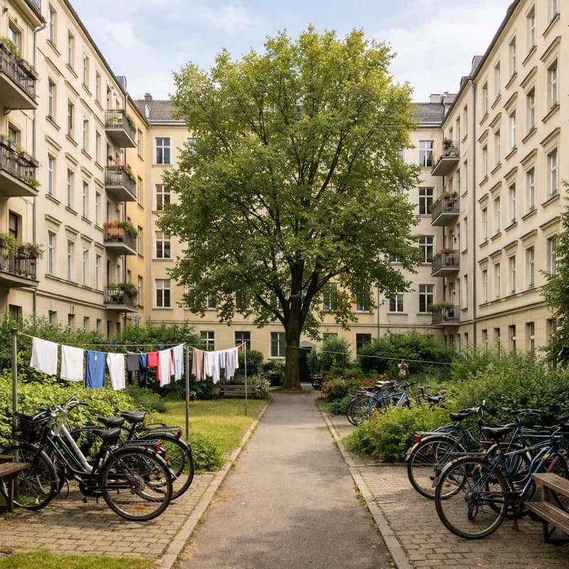 A courtyard behind apartment buildings in Berlin