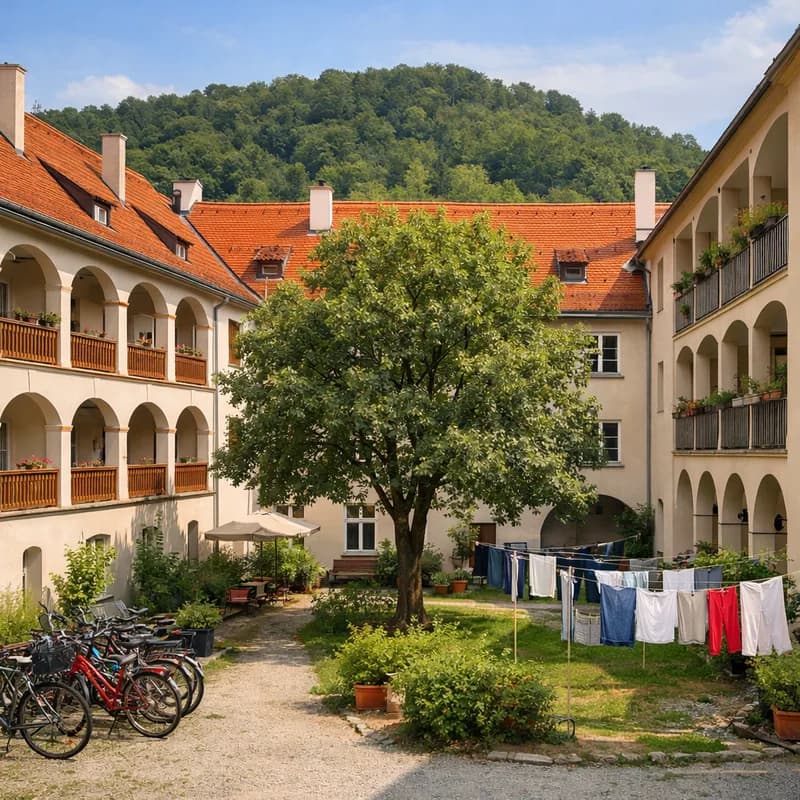 A courtyard behind apartment buildings in Graz