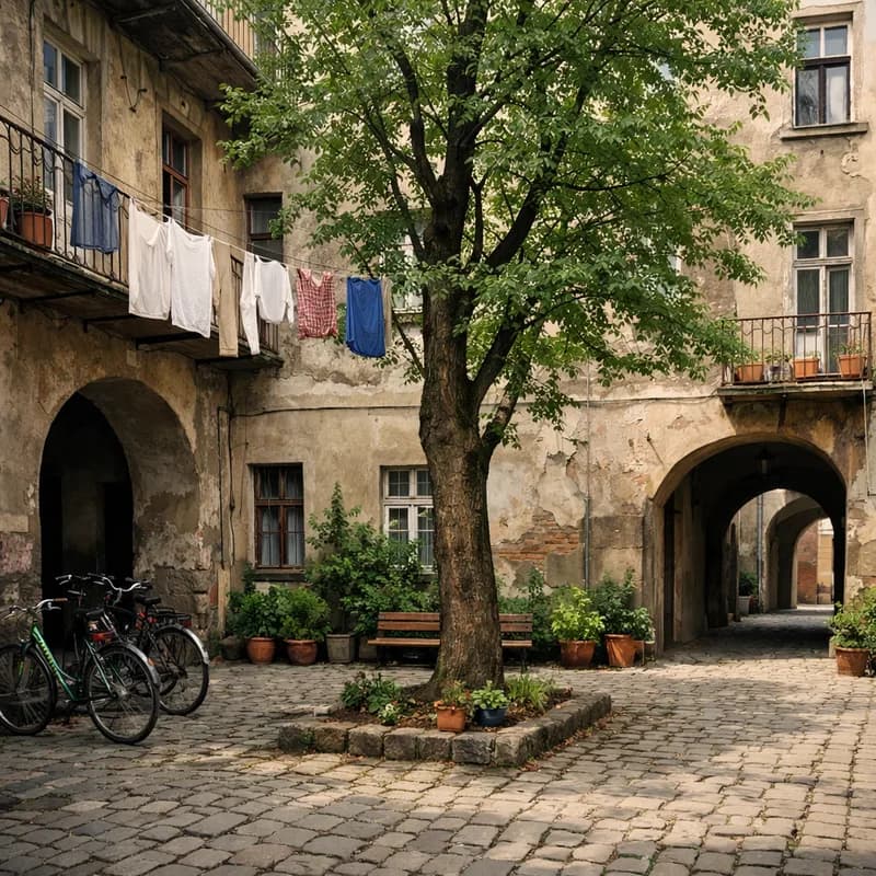 A courtyard behind apartment buildings in Krakow