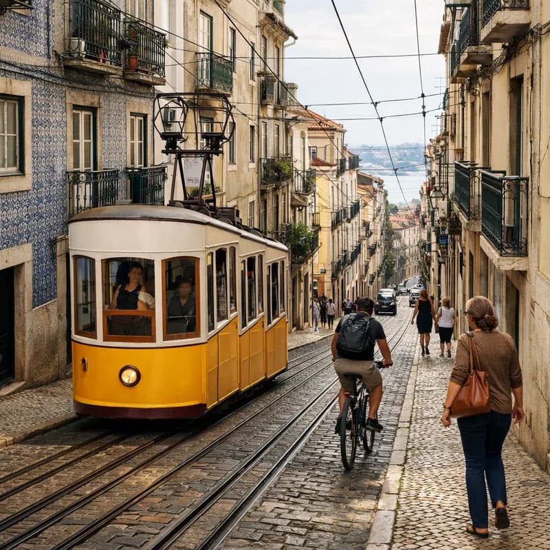 A tram and bicycle street in Lisbon