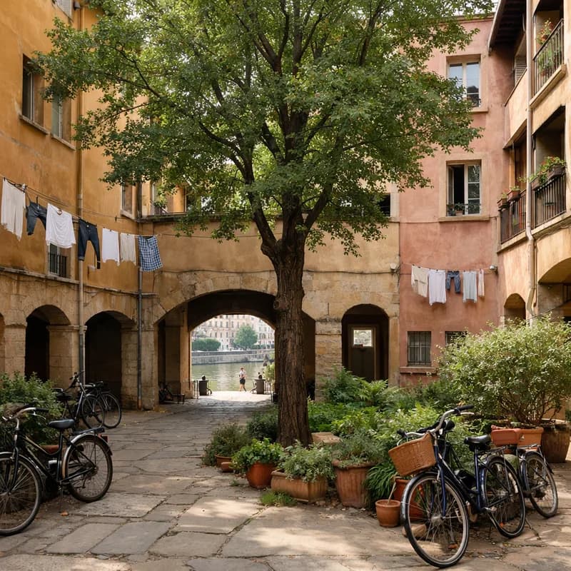 A courtyard behind apartment buildings in Lyon