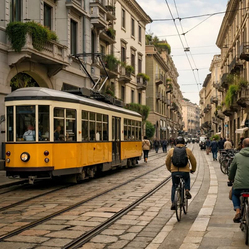 A tram and bicycle street in Milan