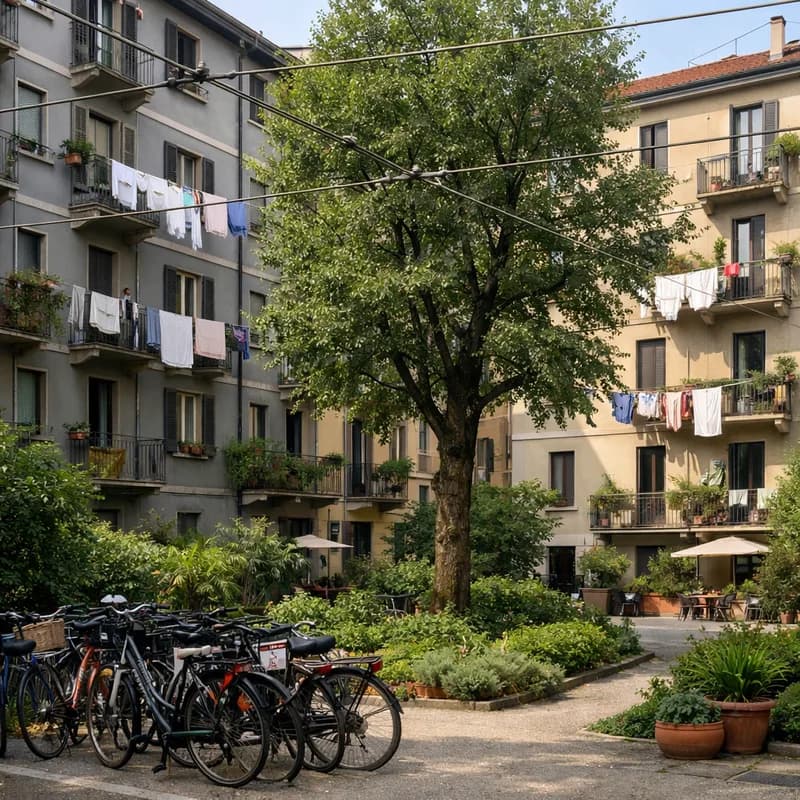 A courtyard behind apartment buildings in Milan