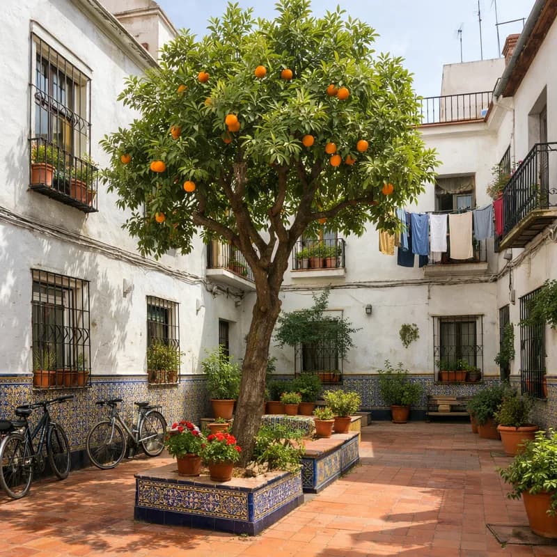 A courtyard behind apartment buildings in Seville