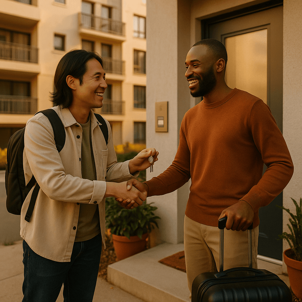 Two people shaking hands to finalize apartment swap