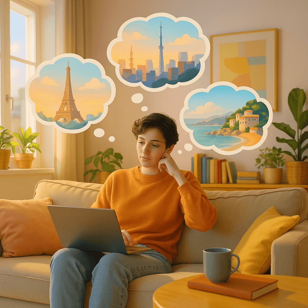 Person relaxing in apartment thinking about travel destinations