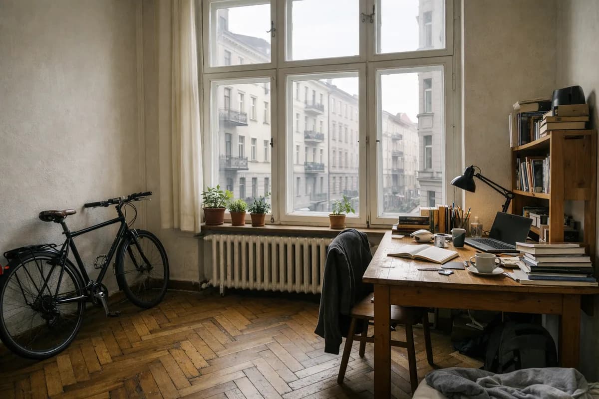 A lived-in Berlin flat with tall casement windows over the street, a bicycle against the wall and a desk covered in books.