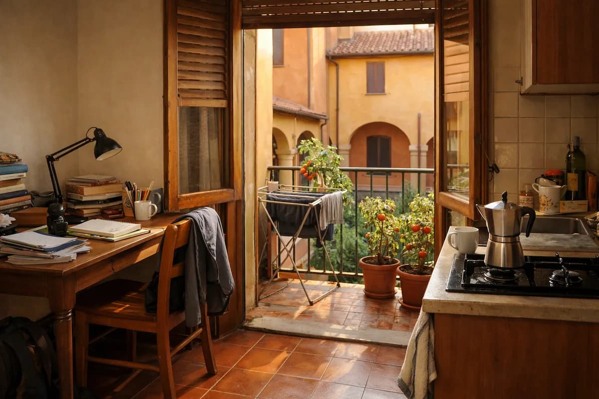 A lived-in Bologna flat with wooden shutters open onto a balcony of potted plants, terracotta floor tiles and a moka pot on the hob.